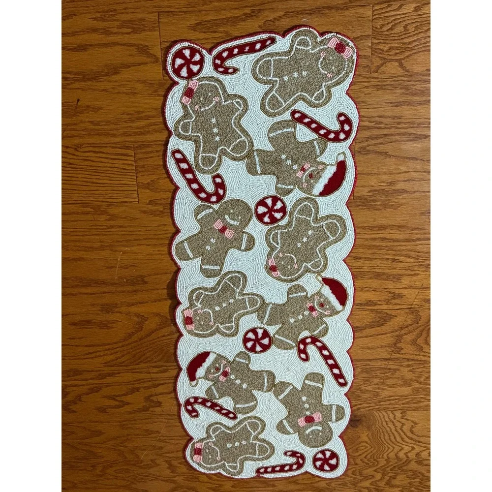 Kirklands Home Christmas Gingerbread Beaded Table Runner Bows Candy Canes NWOT